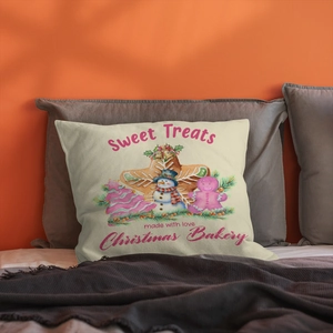 Pink Christmas gingerbread man linen pillow cover with festive watercolor illustrations