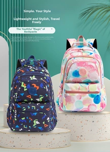Detail of waterproof Oxford fabric backpacks with colorful geometric and dotted patterns