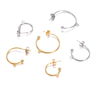French minimalist stainless steel C-shaped hoop earrings with butterfly backs in gold and silver