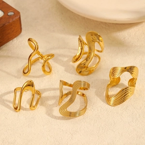Minimalist irregular wavy open stainless steel 18k gold rings with fluid line texture