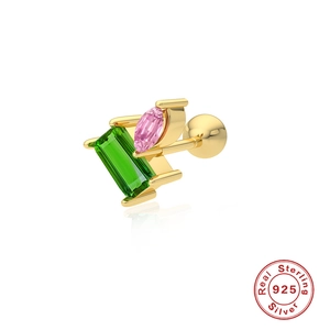 925 silver stud earring with emerald-cut green stone and marquise pink zircon detail