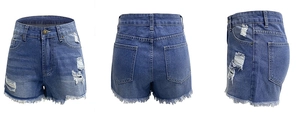 Vue avant et arrière du short en jean bleu taille haute avec détails effilochés usés