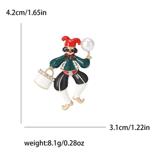 Cartoon clown brooch in red and green enamel with pearls, size 4.2cm by 3.1cm