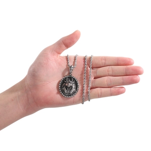 Vue détaillée d'un pendentif égyptien Anubis en acier argenté avec une chaîne torsadée