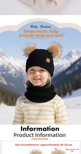 Kids winter knit hat with dual pom-poms and neck gaiter featuring 46-54cm size details