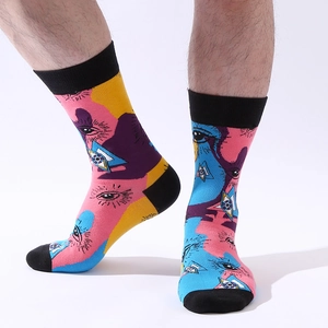 Vibrant artistic mid-calf socks with abstract eye patterns in pink and blue colors