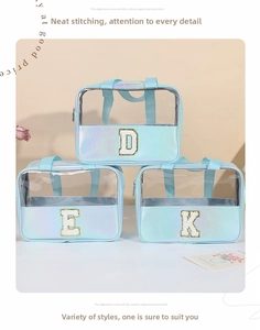 Dettaglio di borsa cosmetica laser iridescente con toppe in ciniglia e pannello in PVC