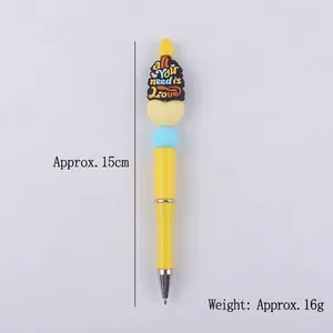 DIY colorful beaded ballpoint pen with love quote charm and yellow silicone beads