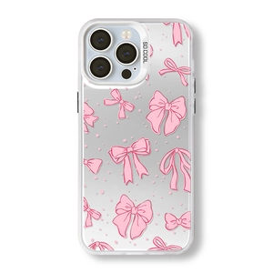 Clear phone case with pink bows and dots pattern featuring SO COOL text for iPhone