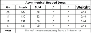 Detailed size chart for asymmetrical sequin dress including length and bust measurements