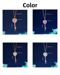 Detailed view of heart key necklaces in gold and silver with size measurements shown