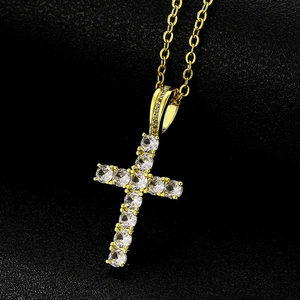 Cross pendant necklace in gold finish with micro-pave clear cubic zirconia stones