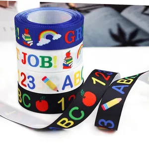 Colorful back to school grosgrain ribbon with pencils and books for DIY gift wrapping