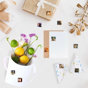 Detailed view of cute cat illustration stickers on gift boxes and envelopes for decoration