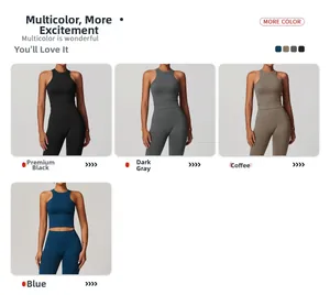 Détail d'un ensemble de yoga côtelé sans couture en noir, gris, marron et bleu