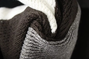 Close-up of thick knit fabric showing brown, white and metallic silver yarn textures