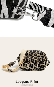 Detailed view of leopard and zebra print crossbody bags with premium silver metal hardware