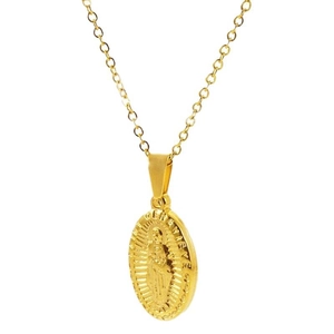 Gold plated Virgin Mary oval pendant necklace made of stainless steel on white background
