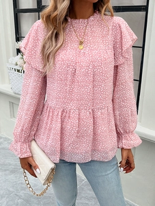 Pink leopard print floral blouse featuring tiered hem and elegant ruffle details