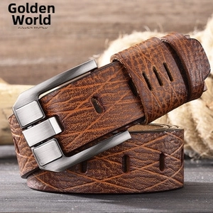Macro detail of men's vintage brown leather belt with metal buckle and crackle texture