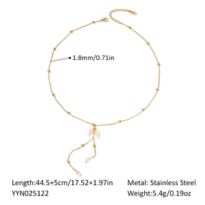 Detailed specs of stainless steel gold necklace with crescent pendant and pearl tassel