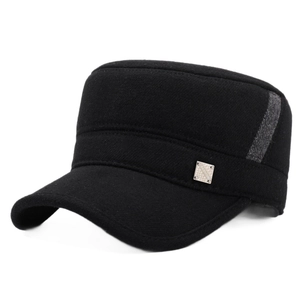 Classic black wool cadet hat for winter with fashion metal buckle and ear protection