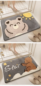 Detail of plush absorbent cartoon bear bathroom mats with soft non-slip flocking texture