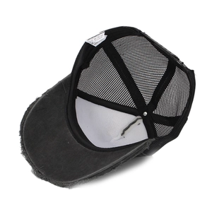 Distressed charcoal grey mesh baseball cap with vintage worn edges and breathable back