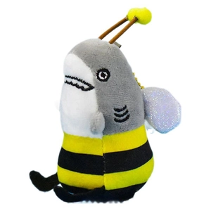 Funny shark bee plush keychain pendant with yellow stripes and wings on white background
