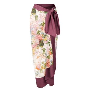 Floral print ruffled wrap bikini skirt with burgundy tie-waist detail in cream white