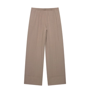 Pantaloni estivi donna in misto lino a gamba larga color marrone con vita elastica