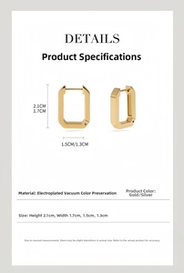 Detailed dimensions of minimalist rectangular gold hoop earrings with vacuum plating