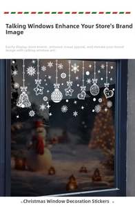 White Christmas window stickers featuring snowflakes, stars, and ornaments in a festive setting