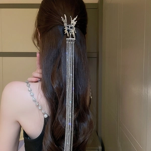Détail d'une pince à cheveux papillon argentée avec de longs glands en strass brillants