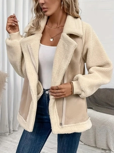 Beige faux fur biker jacket with lapel and metal zipper for a casual winter look