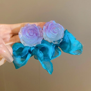 Resin Rose Flower Cloth Bowknot Earrings With Silver Earring Post French Romantic Vacation Style Jewelry For Women