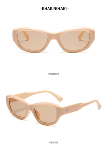 Detailed views of khaki cat eye sunglasses from front and side angles on white background