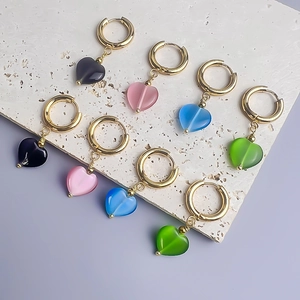 French style 18K gold plated stainless steel hoop earrings with colorful cat-eye heart charms