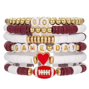 6-piece stackable football themed bracelet set with GO and GAME DAY letter beads