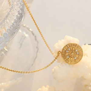 Vintage 18K gold plated stainless steel zodiac medallion necklace with cubic zirconia