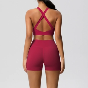Rückansicht des Yoga-Sets in Beerenrot mit Überkreuz-Sport-BH und High-Waist-Shorts