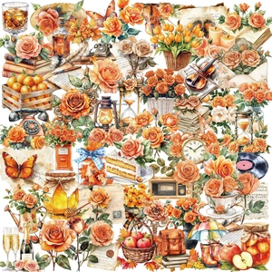 Adesivi in PET Ins Retro Fiori Arancioni Impermeabili Acquerello Floreale Farfalla Scrapbooking Decorazione per Diario Taccuino Chitarra
