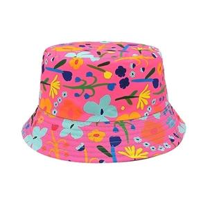 Detail of vibrant floral print bucket hat for children with reinforced stitching on brim