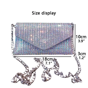 Mini rhinestone evening clutch bag size dimensions showing 18x10x3 cm with silver chain