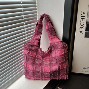 Women Denim Tote Bag Frayed Edge Tassel Plaid Diamond Grid Large Capacity Casual Fashion Shoulder Handbag