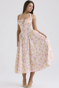 Detail of pink floral midi dress featuring a halter neck and drawstring bodice