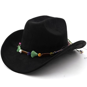 Detail of black felt jazz fedora with bohemian turquoise beads and woven ethnic band