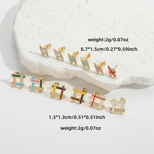 Colorful lightning and grid bolt stud earrings with enamel finish and crystal inlay