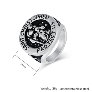 Detailed close-up of Saint Christopher silver and black stainless steel ring with 24mm width
