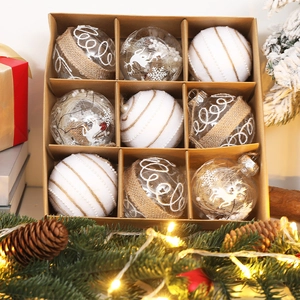 Set of 9 Christmas tree ornaments featuring clear glass and white fabric textured balls